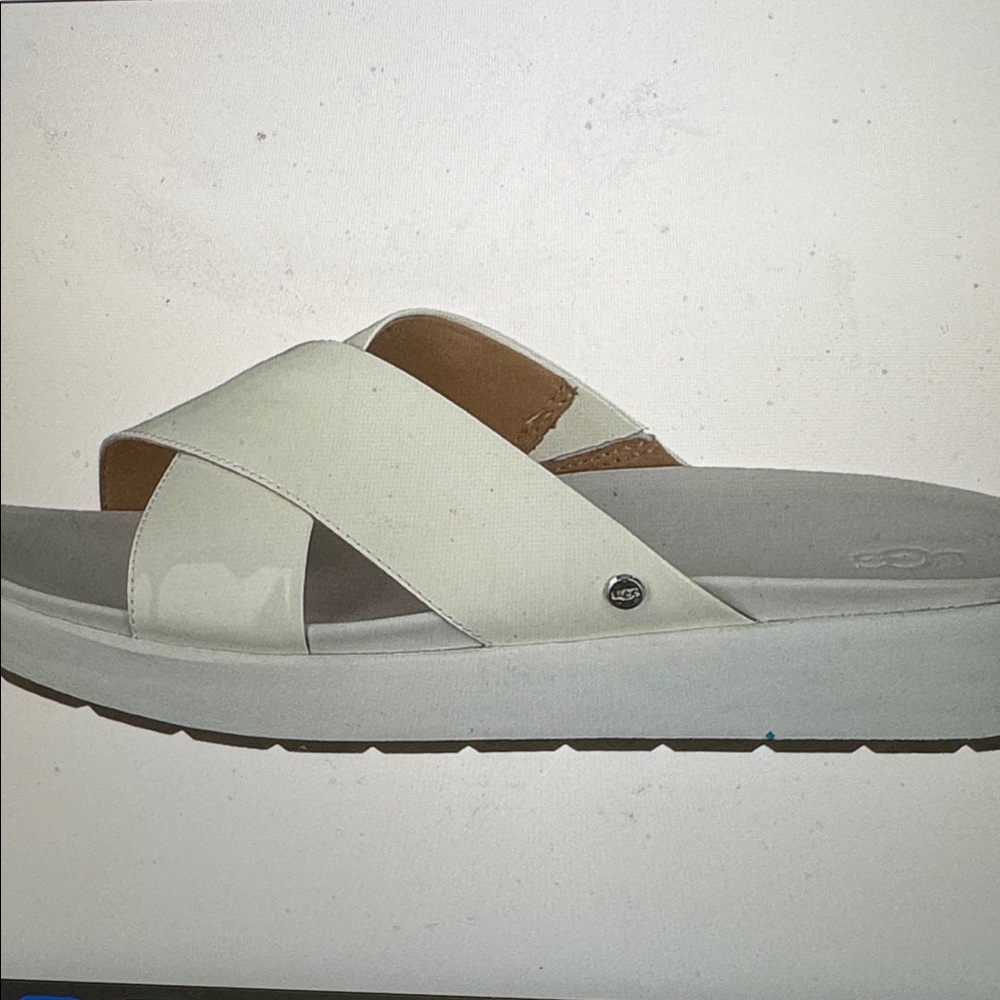 almost NEW UGG Sz 37  Emily  Platform Cross Slide Sandals - White Patent 6 - 7